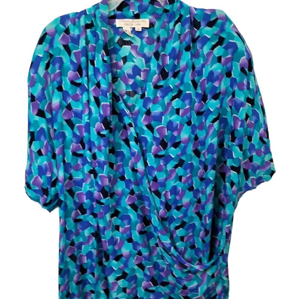 1015)Laura & Jayne Two Vtg 80's Rayon Purple Blue Faux Wrap Short Sleeve Size 18